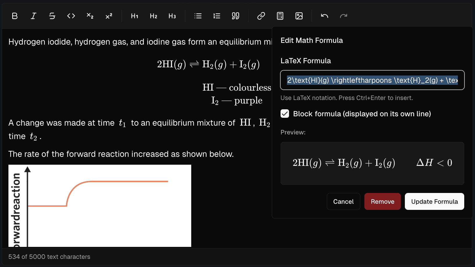 TipTap editor showing a math formula with toolbar
