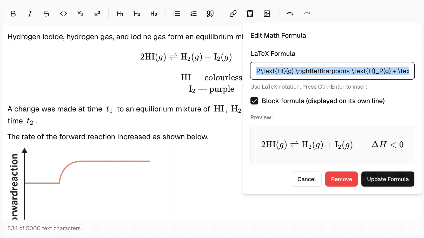 TipTap editor showing a math formula with toolbar