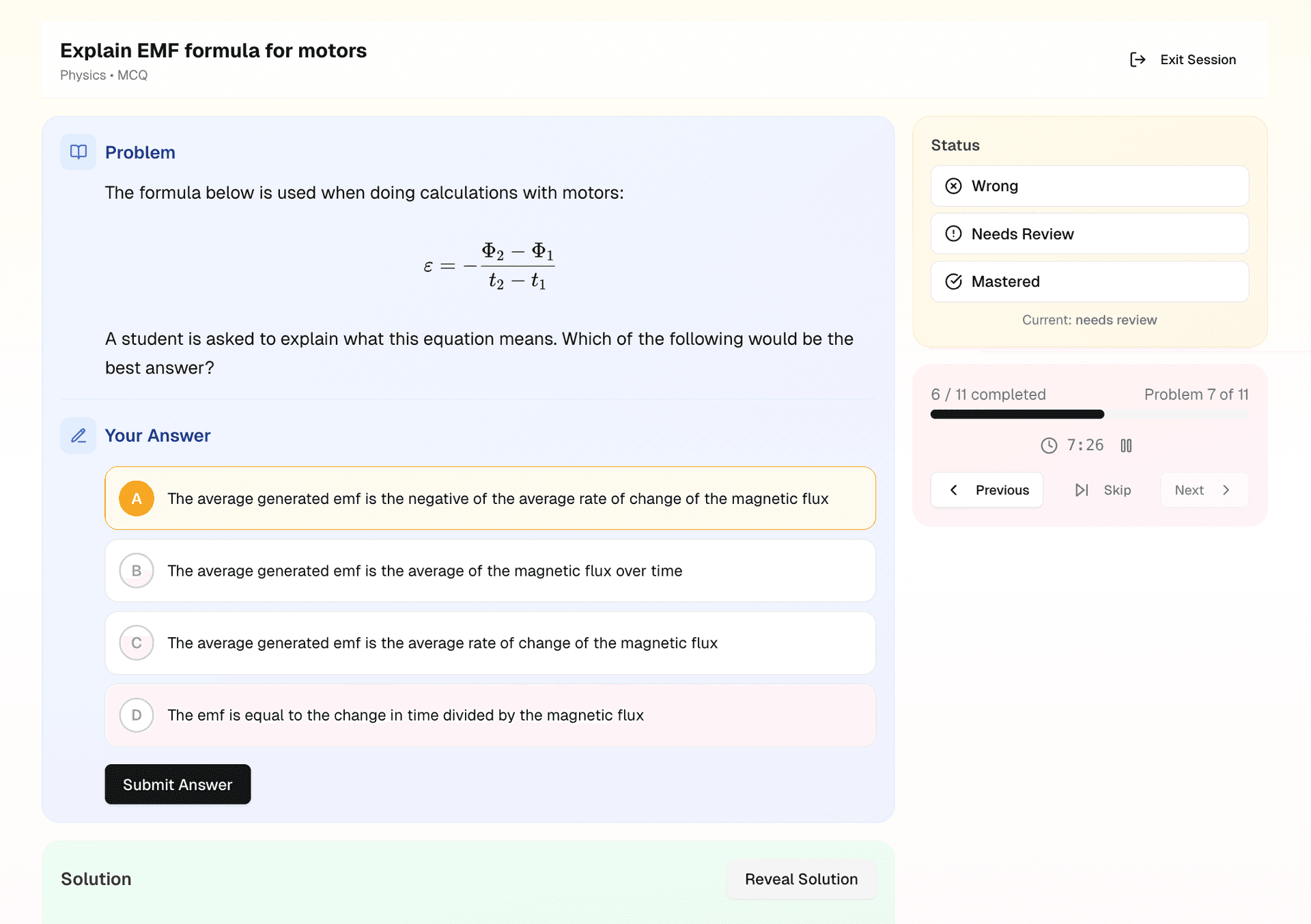 Active review session with problem, timer, and progress bar