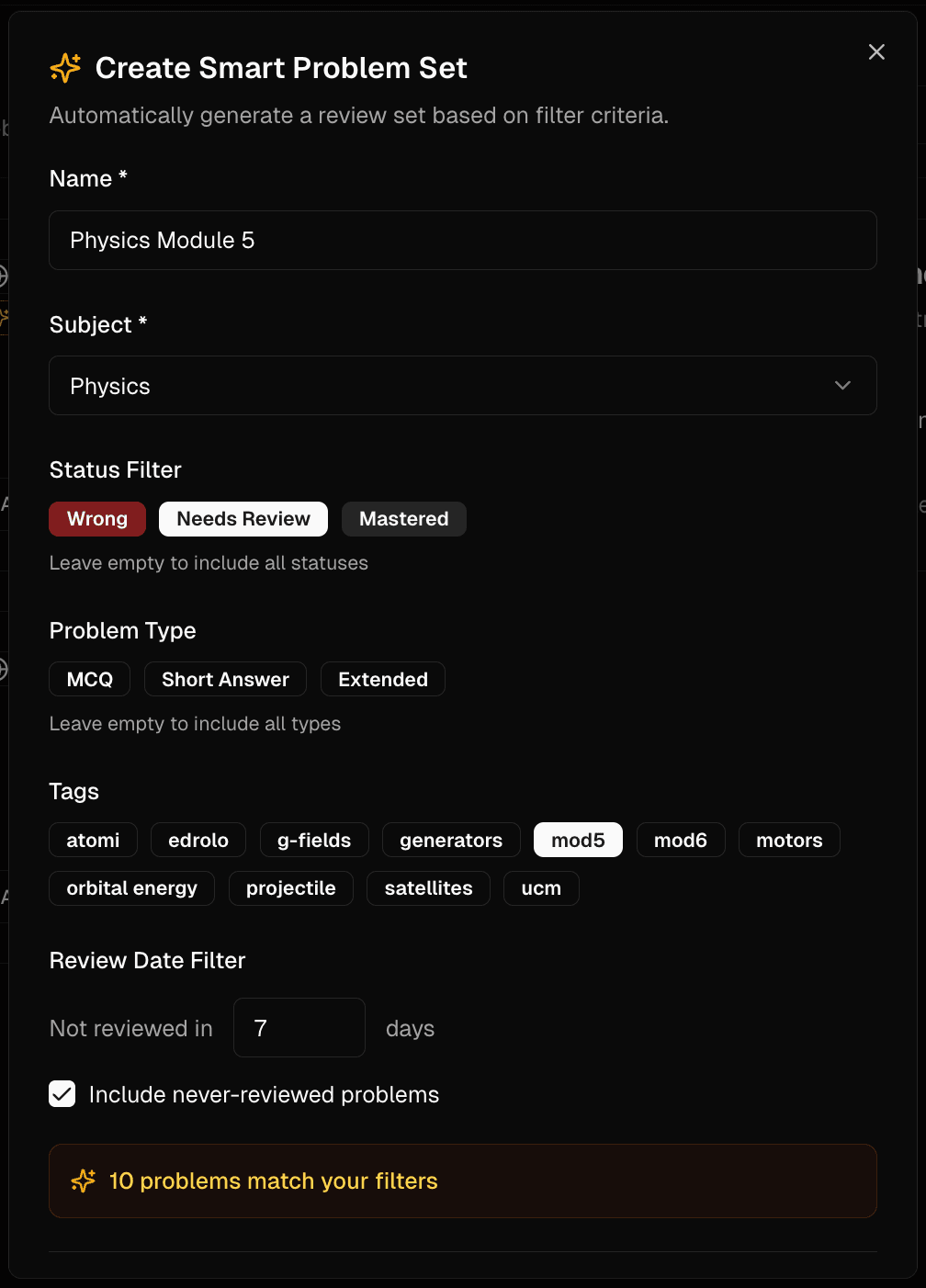 Smart problem set creation dialog with filter options