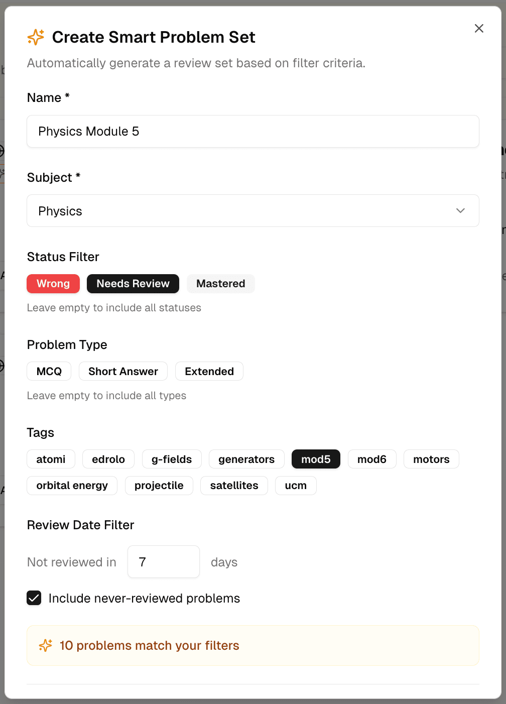 Smart problem set creation dialog with filter options